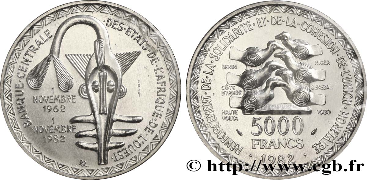 WEST AFRICAN STATES (BCEAO) Essai de 5000 Francs masque / oiseau 20e anniversaire de l’Union Monétaire 1982 Paris MS 