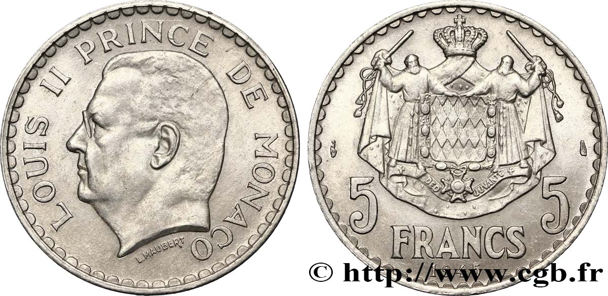 MONACO 5 Francs Louis II / armoiries 1945 Paris SPL 