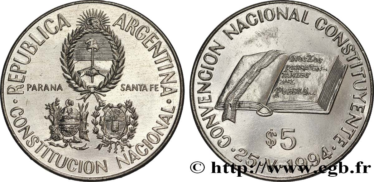 ARGENTINIEN 5 Pesos emblèmes / convention constituante du 25 mai 1994 1994  VZ 