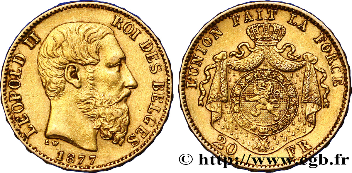 BELGIUM 20 Francs or Léopold II 1877 Bruxelles XF