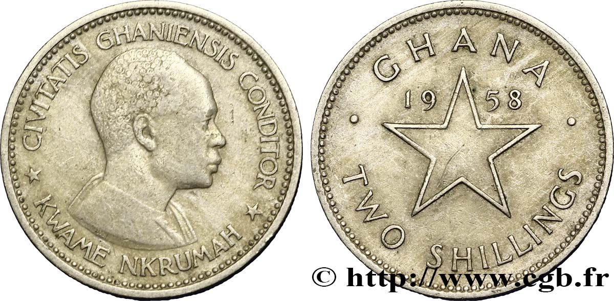 GHANA 2 Shillings Kwame Nkrumah / étoile 1958  TTB 