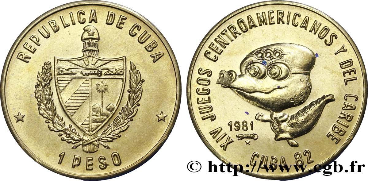 CUBA 1 Peso armes / XIVe jeux Centramérique et Caraïbe La Havane ‘82 : mascotte 1981  SPL 