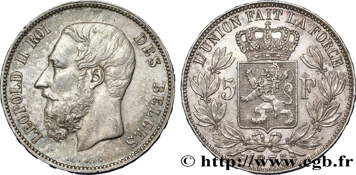 BELGIQUE 5 Francs Léopold II 1875  SUP 