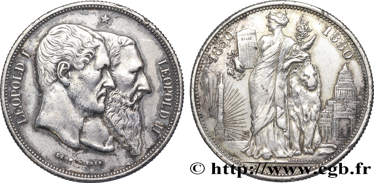 BELGIQUE 5 Francs, Cinquantenaire du Royaume (1830-1880) 1880 Bruxelles TTB 
