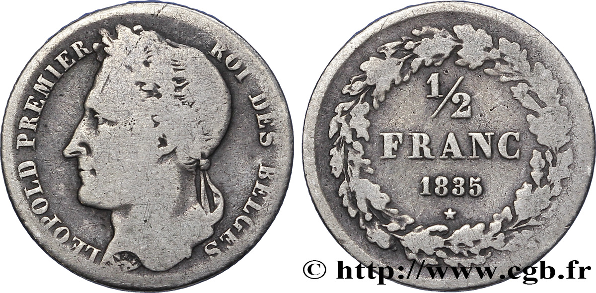 BELGIQUE 1/2 Franc Léopold tête laurée 1835  TB+ 