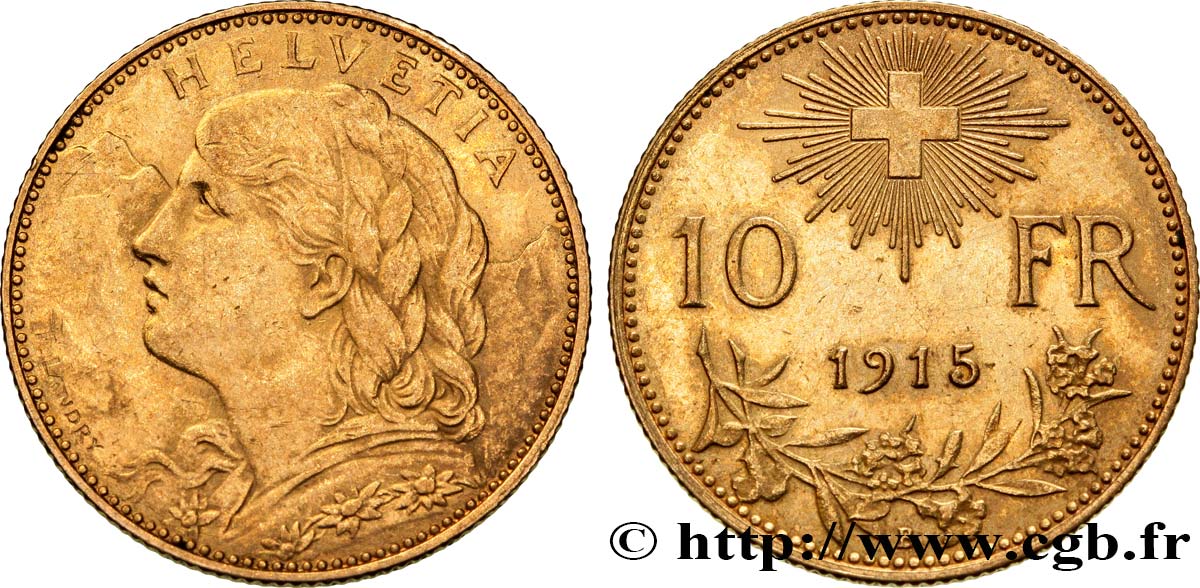 SUISSE 10 Francs or  Vreneli  1915 Berne  SUP 