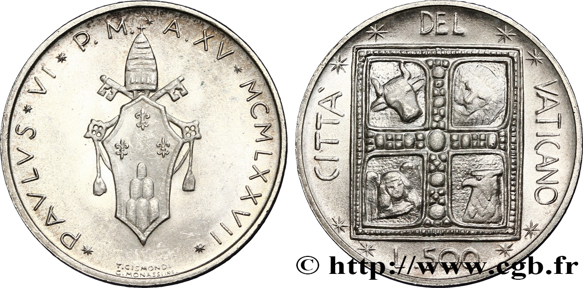 VATICAN ET ÉTATS PONTIFICAUX 500 Lire frappe au nom de Paul VI an XV 1977 Rome SPL 