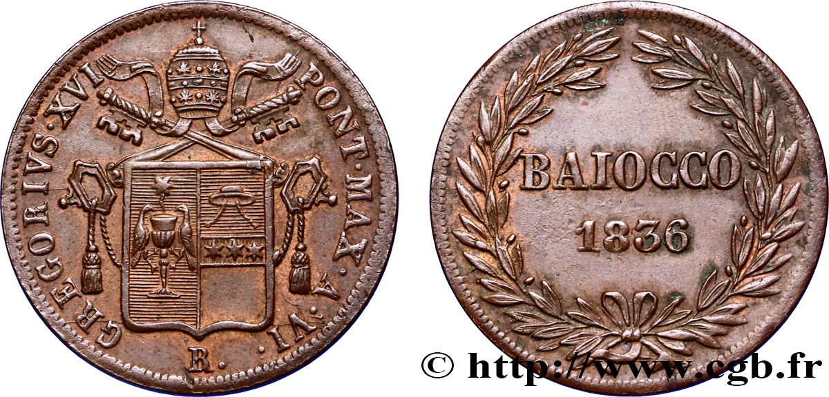 VATICAN AND PAPAL STATES 1 Baiocco au nom de Grégoire XVI an VI 1836 Rome XF 