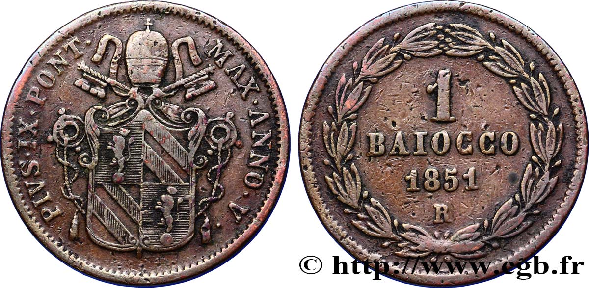 VATICAN ET ÉTATS PONTIFICAUX 1 Baiocco Pie IX an V 1851 Rome TB+/TTB 
