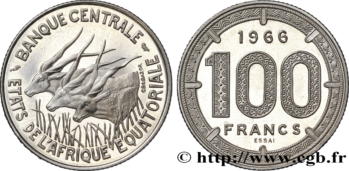 ÉTATS DE L AFRIQUE ÉQUATORIALE Essai de 100 Francs antilopes 1966  SPL 