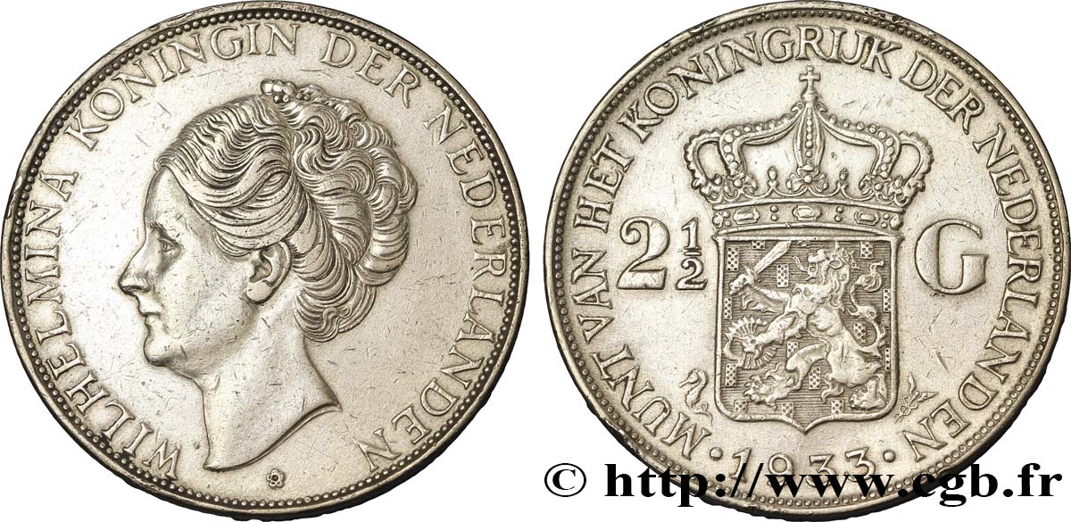 PAYS-BAS 2 1/2 Gulden Wilhelmina 1933  TTB 