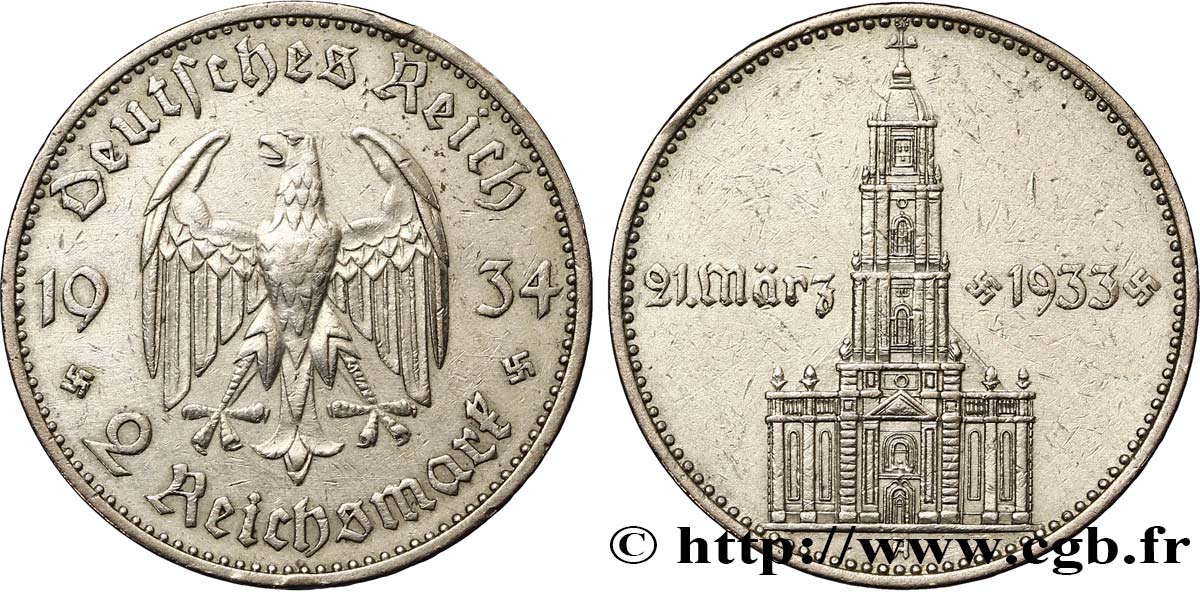 ALLEMAGNE 2 Reichsmark Commémoration du serment du 21 mars 1933 en l’église de la garnison de Potsdam 1934 Berlin TTB+ 