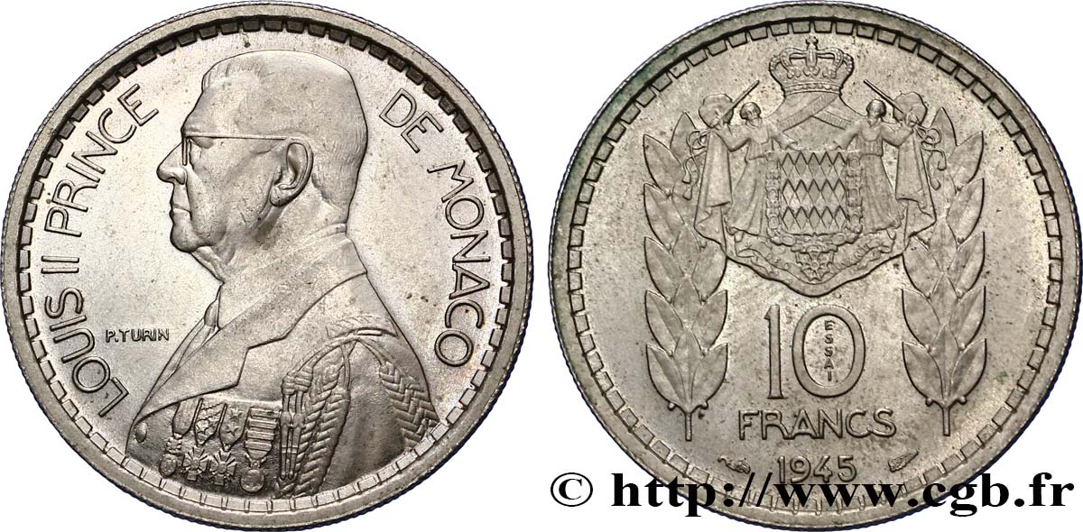 MONACO Essai de 10 Francs Louis II 1945 Paris SPL 