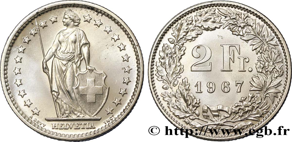SWITZERLAND 2 Francs Helvetia 1967 Berne MS 