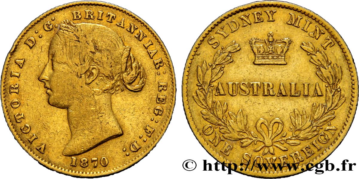 AUSTRALIA 1 Souverain Victoria 1870 Sydney VF/XF 