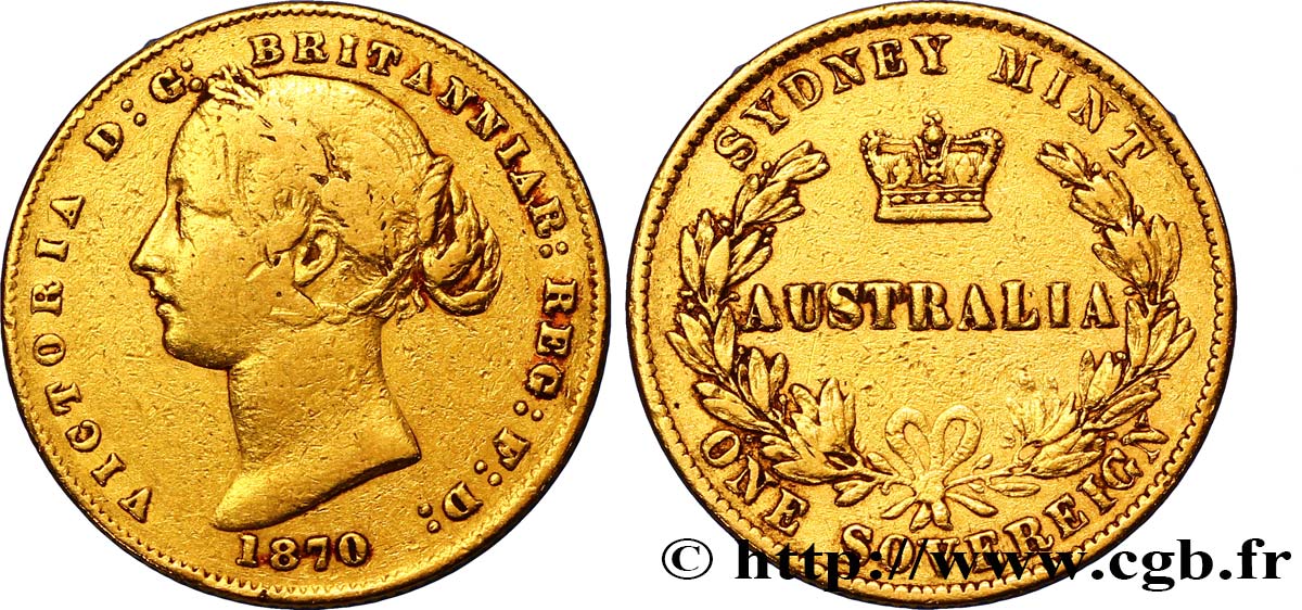 AUSTRALIA 1 Souverain Victoria 1870 Sydney VF 