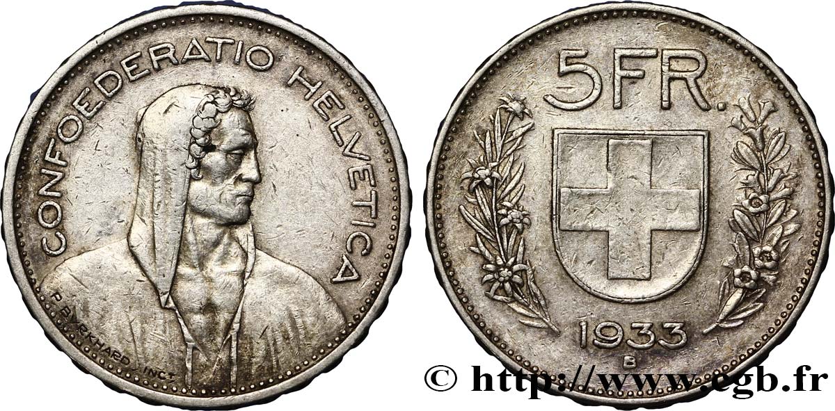 SWITZERLAND 5 Francs Berger des alpes / bouclier suisse 1933 Berne - B XF