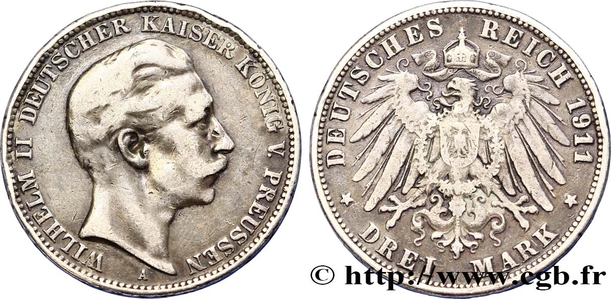 ALLEMAGNE - PRUSSE 3 Mark Guillaume II  1911 Berlin TTB 