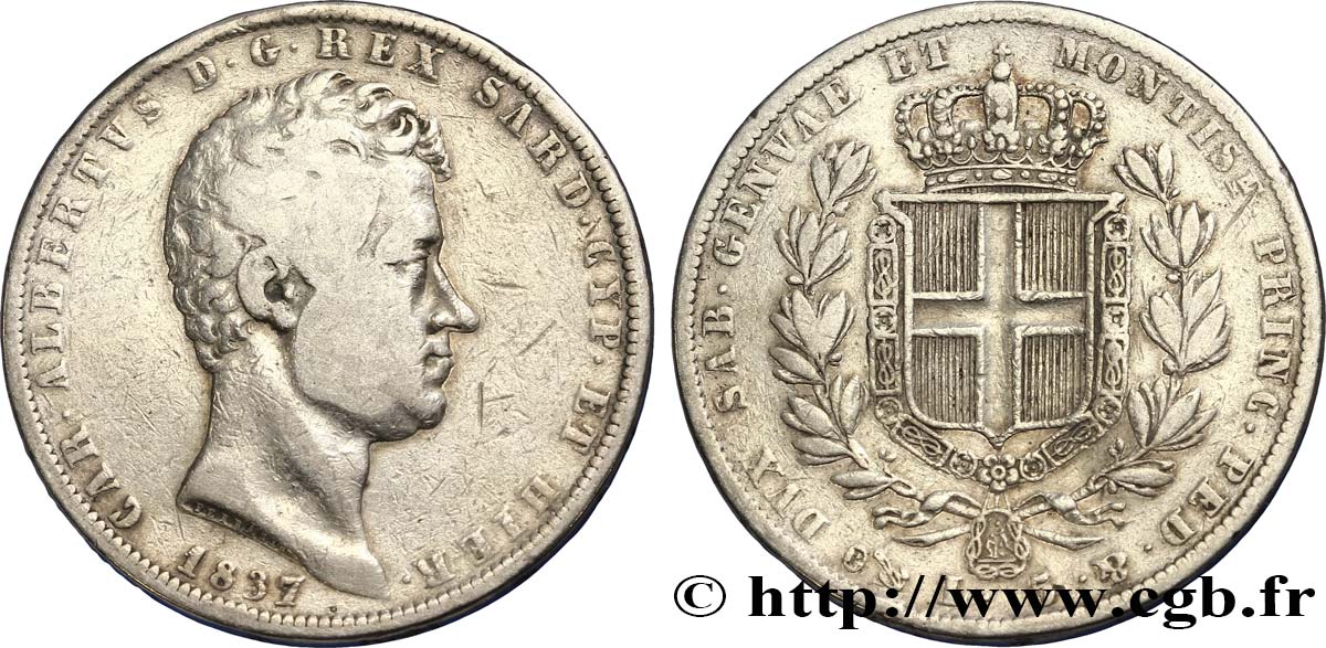ITALIA - REGNO DE SARDINIA 5 Lire Charles Albert, roi de Sardaigne 1837 Gênes q.BB 