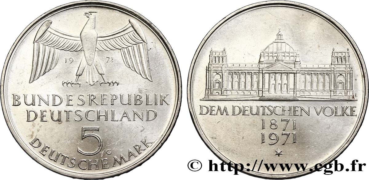 DEUTSCHLAND 5 Mark / Centenaire du parlement allemand 1971 Karlsruhe fST 