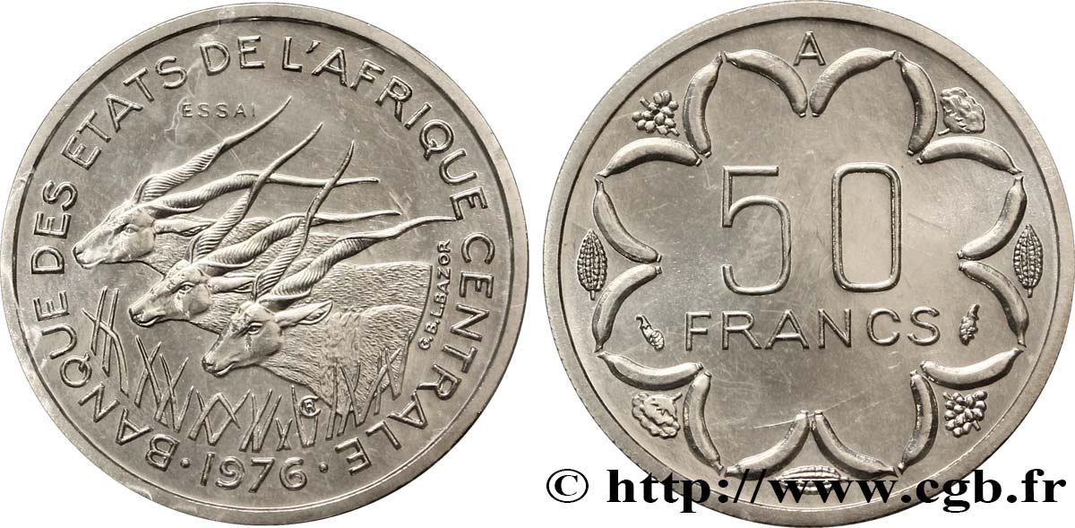 ÉTATS DE L AFRIQUE CENTRALE Essai de 50 Francs antilopes lettre ‘A’ Tchad 1976 Paris FDC 