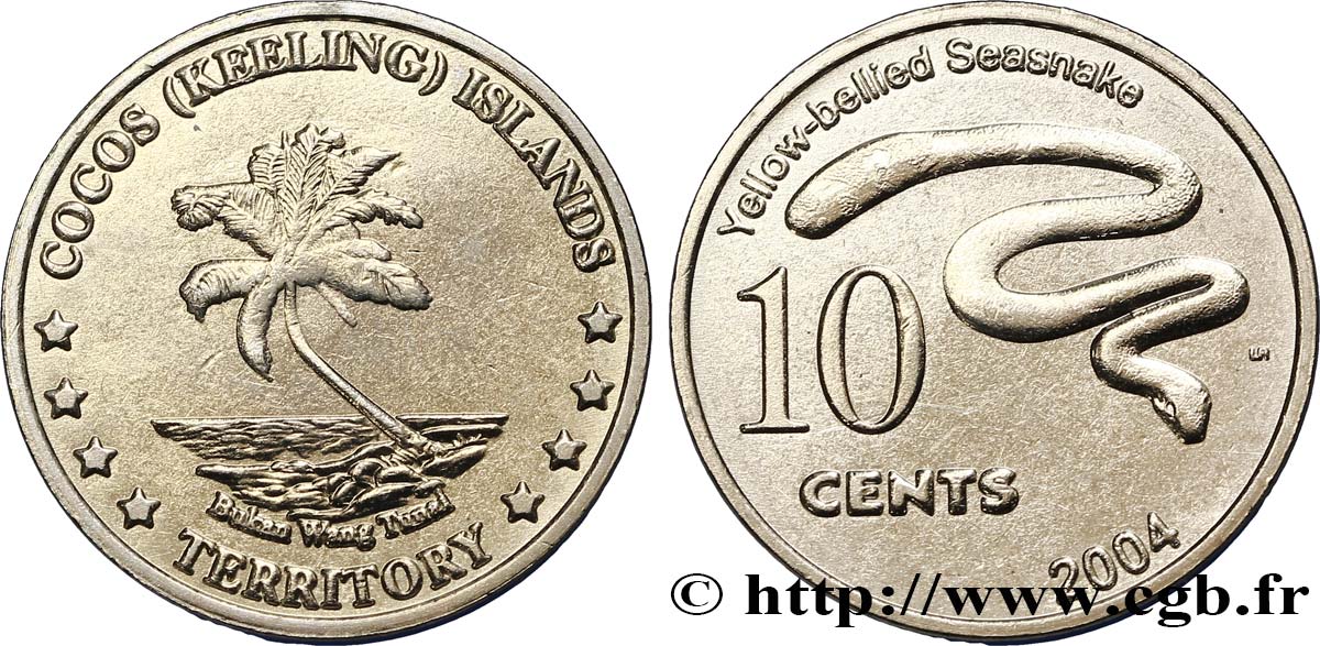 ÎLES KEELING COCOS 10 Cents cocotier / serpent de mer à ventre jaune (Pelamis platura) 2004  SUP 
