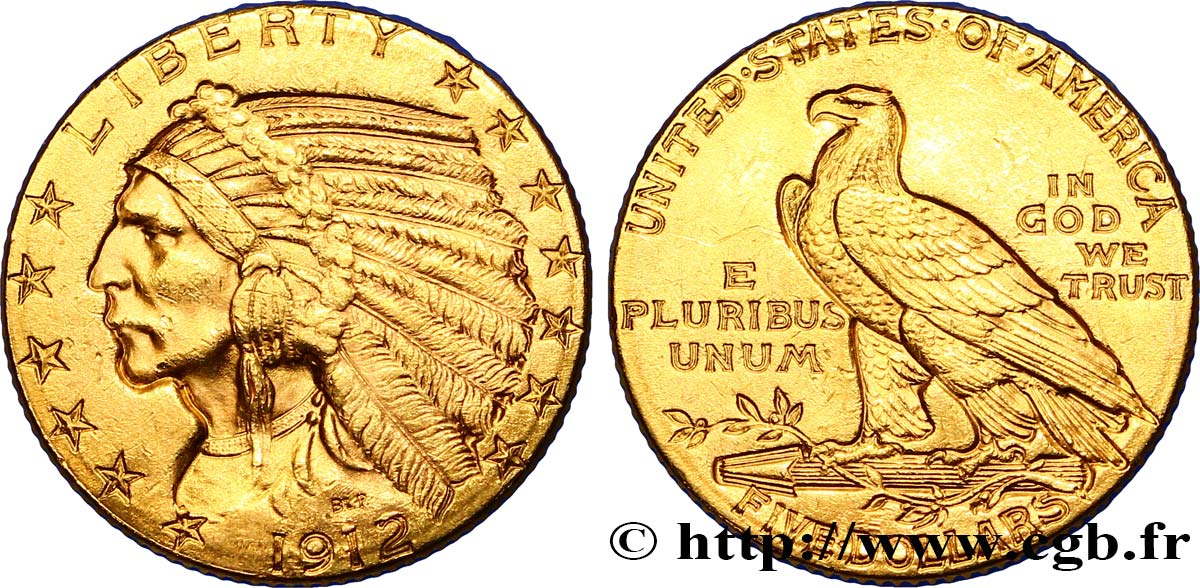 ÉTATS-UNIS D AMÉRIQUE 5 Dollars or  Indian Head  1912 Philadelphie TTB+ 