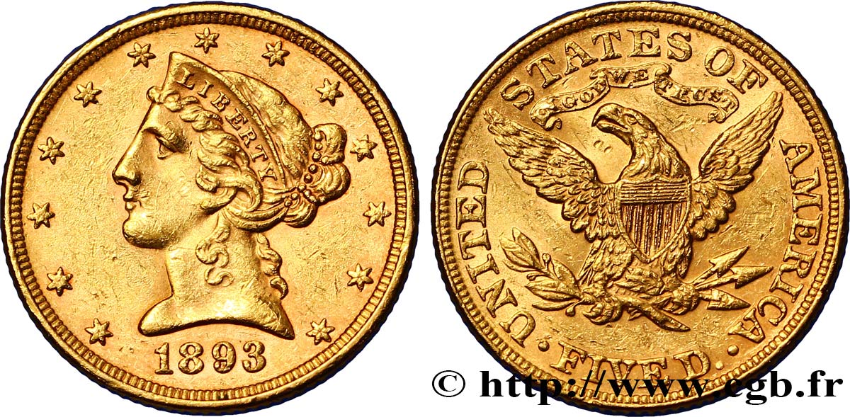 ÉTATS-UNIS D AMÉRIQUE 5 Dollars  Liberty  1893 Philadelphie TTB+ 