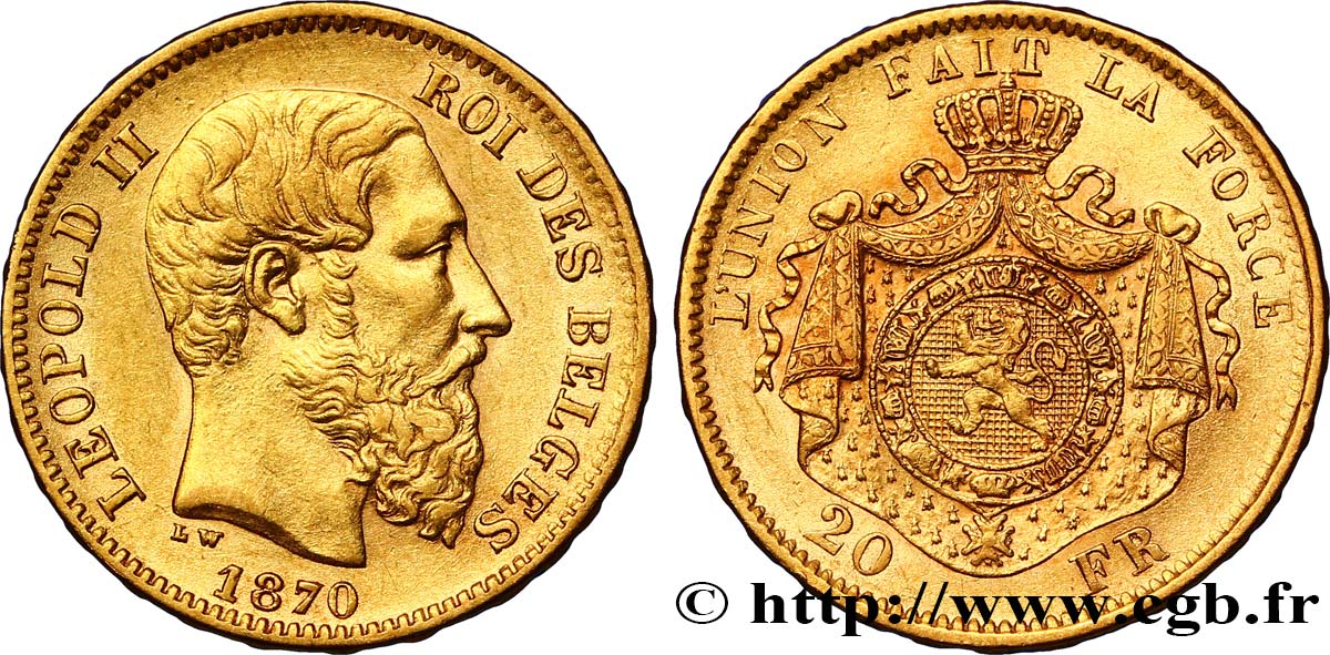 BELGIQUE 20 Francs Léopold II 1870 Bruxelles TTB 