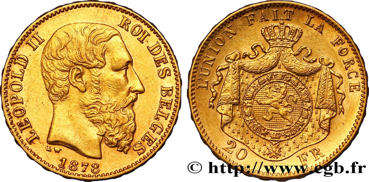 BELGIQUE 20 Francs Léopold II 1878 Bruxelles SUP 