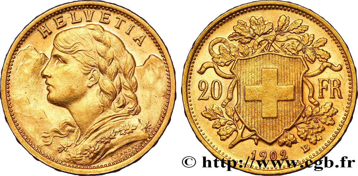 SWITZERLAND 20 Francs  Vreneli   1902 Berne AU 