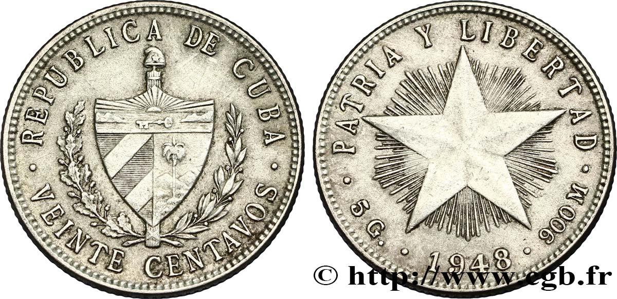 CUBA 20 Centavos emblème / étoile 1948  TTB+ 
