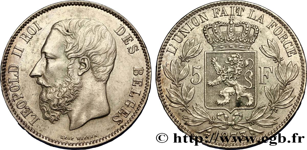 BELGIO 5 Francs Léopold II 1873  SPL 