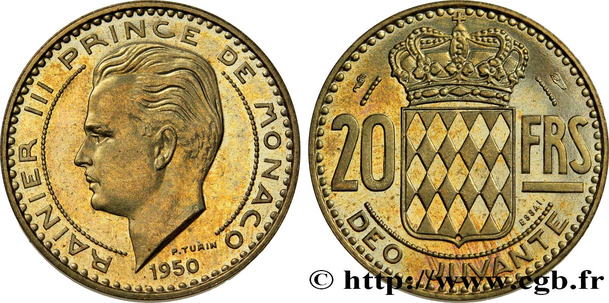 MONACO Essai de 20 Francs prince Rainier III 1950 Paris SPL 