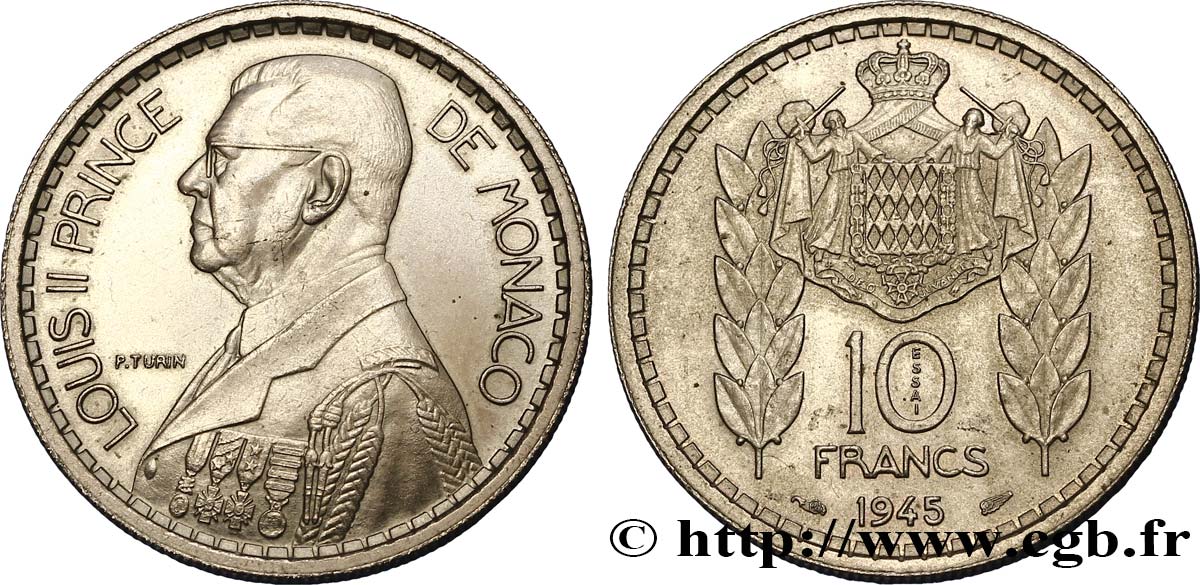 MONACO Essai de 10 Francs Louis II 1945 Paris SUP 