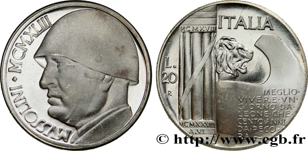 ITALIE 20 Lire Mussolini (monnaie apocryphe) 1928 Rome SPL 
