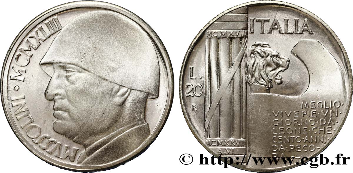ITALIE 20 Lire Mussolini (monnaie apocryphe) 1928 Rome SPL 