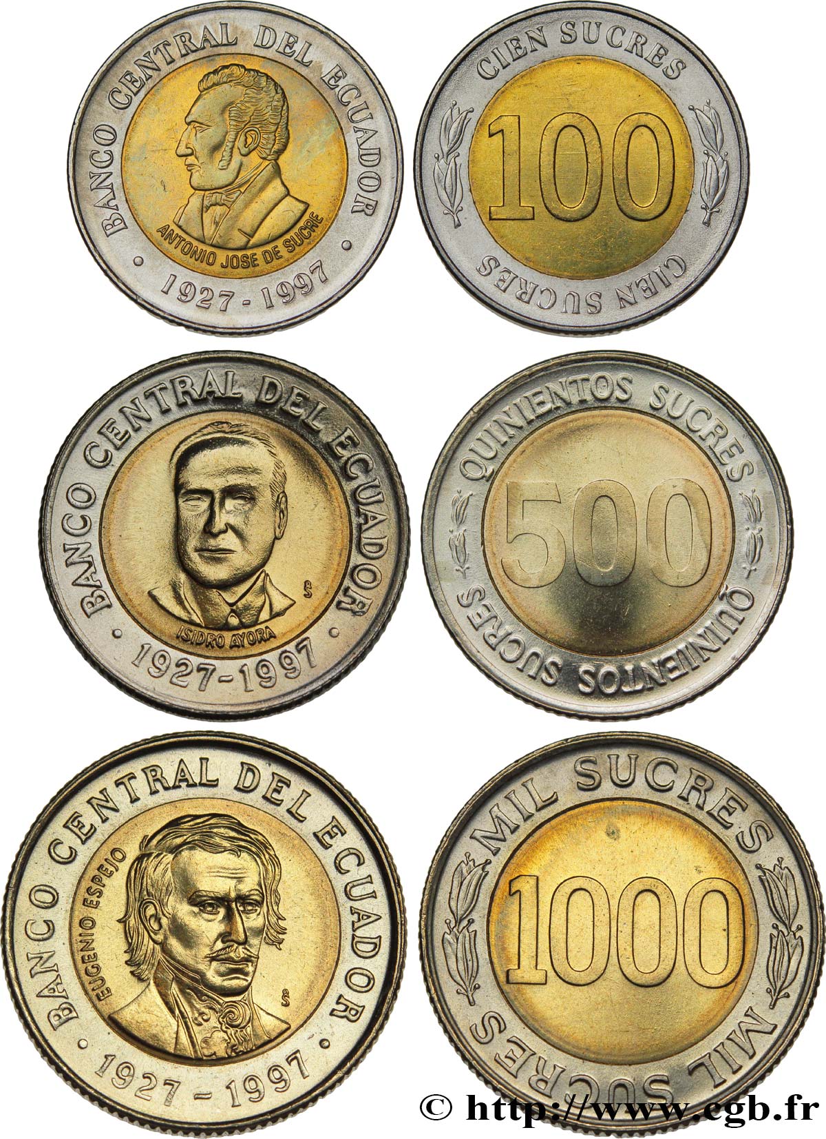 ÉQUATEUR 100, 500 et 1000 Sucres 70e anniversaire de la banque centrale 1997  SPL 