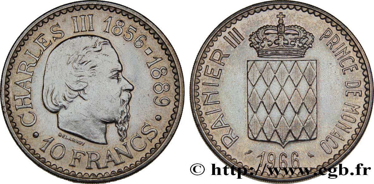 MONACO 10 Francs Charles III / écu couronné 1966 Paris AU