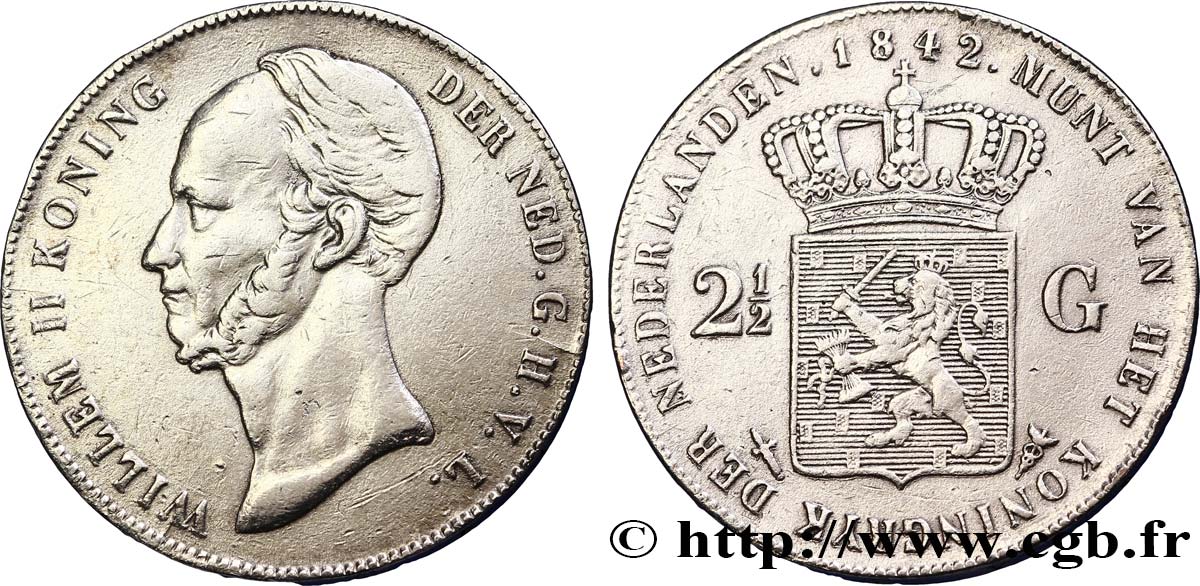 PAYS-BAS 2 1/2 Gulden Guillaume II 1842 Utrecht TB+ 