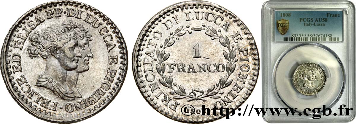 ITALY - PRINCIPALTY OF LUCCA AND PIOMBINO - FELIX BACCIOCHI AND ELISA BONAPARTE 1 Franco 1808 Florence AU58 PCGS
