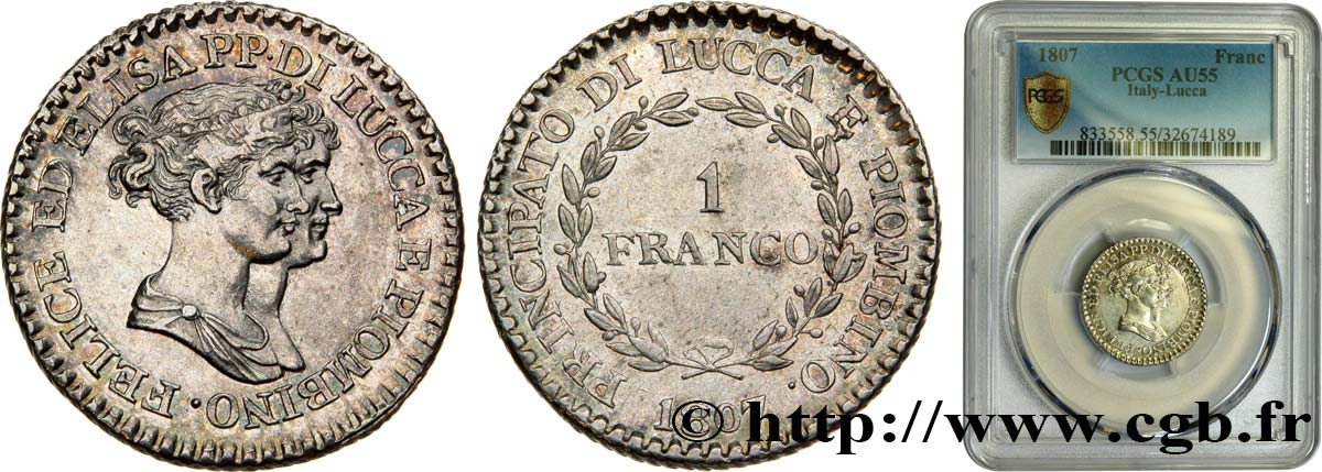 ITALY - PRINCIPALTY OF LUCCA AND PIOMBINO - FELIX BACCIOCHI AND ELISA BONAPARTE 1 Franco 1807 Florence AU55 PCGS