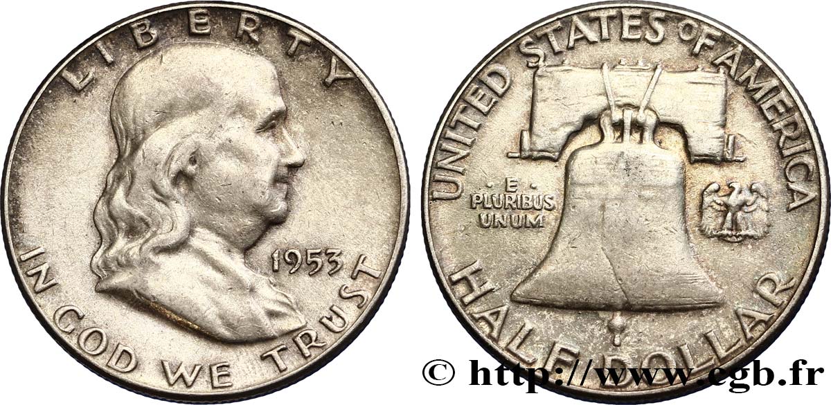 ÉTATS-UNIS D AMÉRIQUE 1/2 Dollar Benjamin Franklin 1953 Philadelphie TTB 