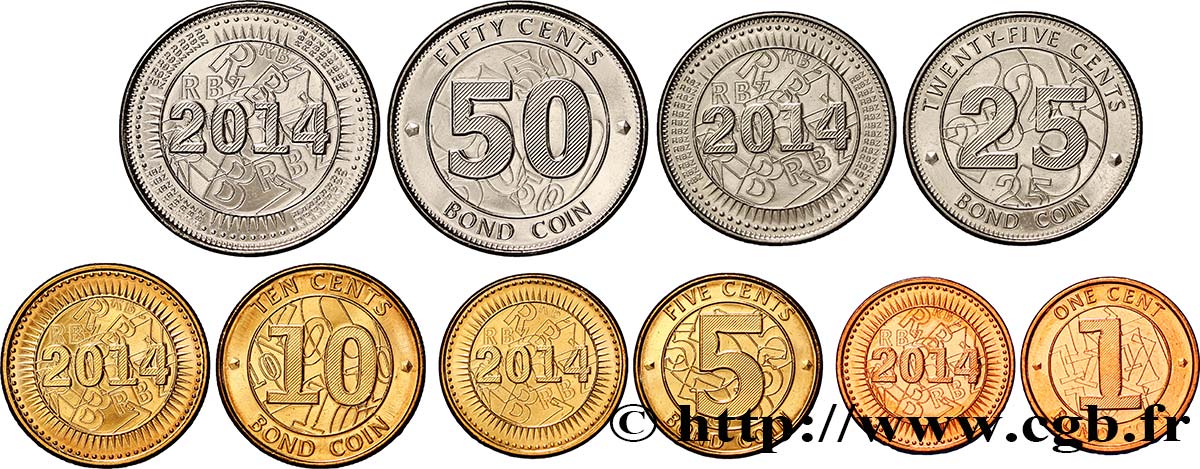 ZIMBABWE Série de 5 Monnaies 1 à 50 Cents (Bond Coin) 2014  MS 