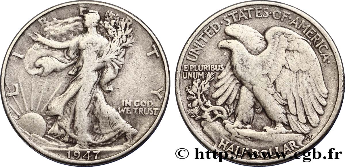 ÉTATS-UNIS D AMÉRIQUE 1/2 Dollar Walking Liberty 1947 Philadelphie TB+ 