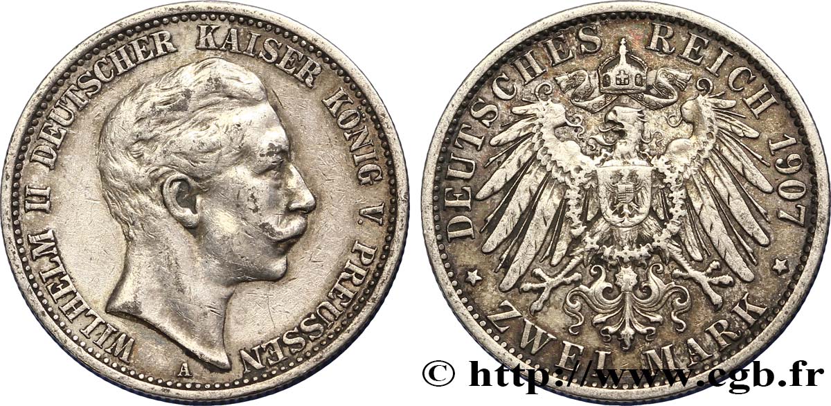 ALLEMAGNE - PRUSSE 2 Mark Royaume Guillaume II 1907 Berlin TTB 