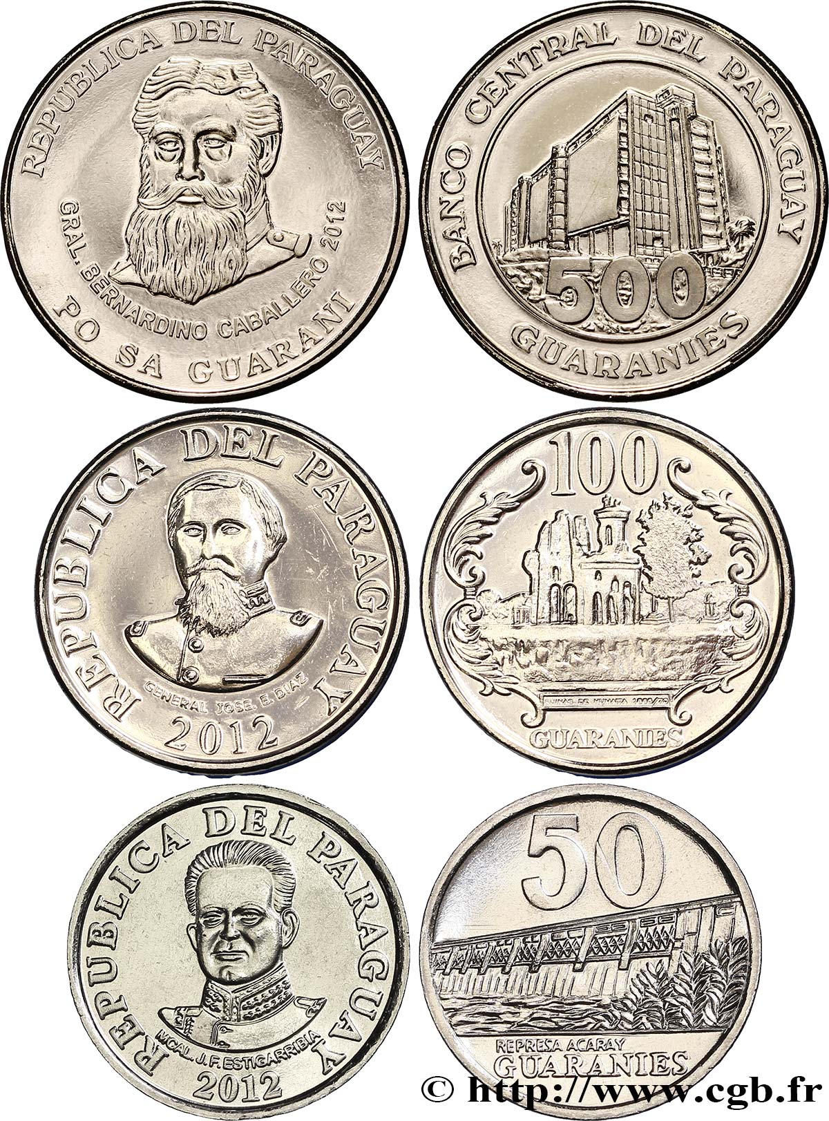PARAGUAY Lot de 3 monnaies 50, 100 et 500 Guaranies 2012  SPL 