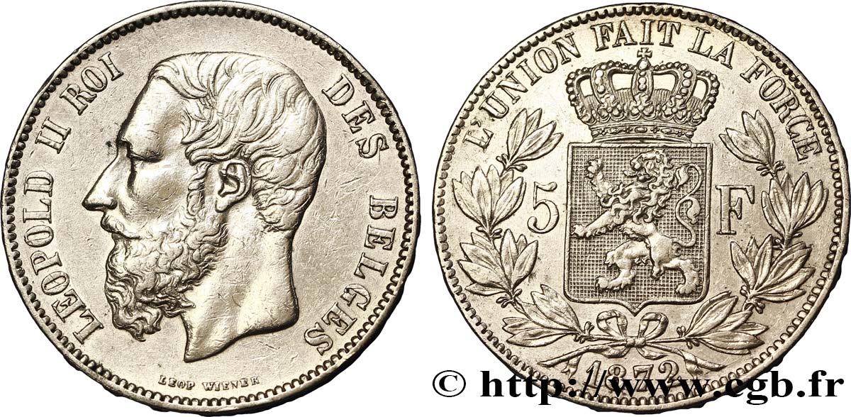 BELGIQUE 5 Francs Léopold II tranche A 1872  TTB 