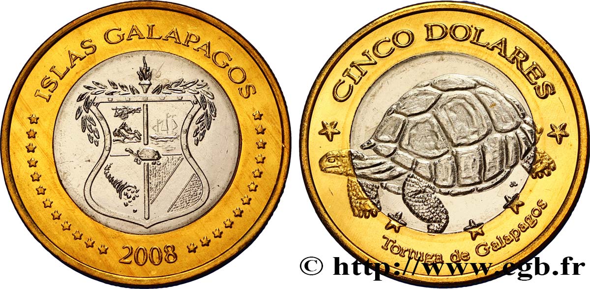 ISLAS GALAPAGOS 5 Dolares emblème / tortue géante des Galapagos 2008  SC 