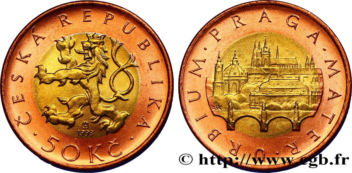 REPUBBLICA CECA 50 Korun lion tchèque / vue des monuments de Prague 1993 Hambourg MS 